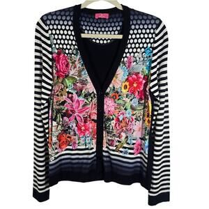 O Basler Navy Colorful Floral Stripe Cardigan Sweater Sz S 6 Spring Bloom Preppy